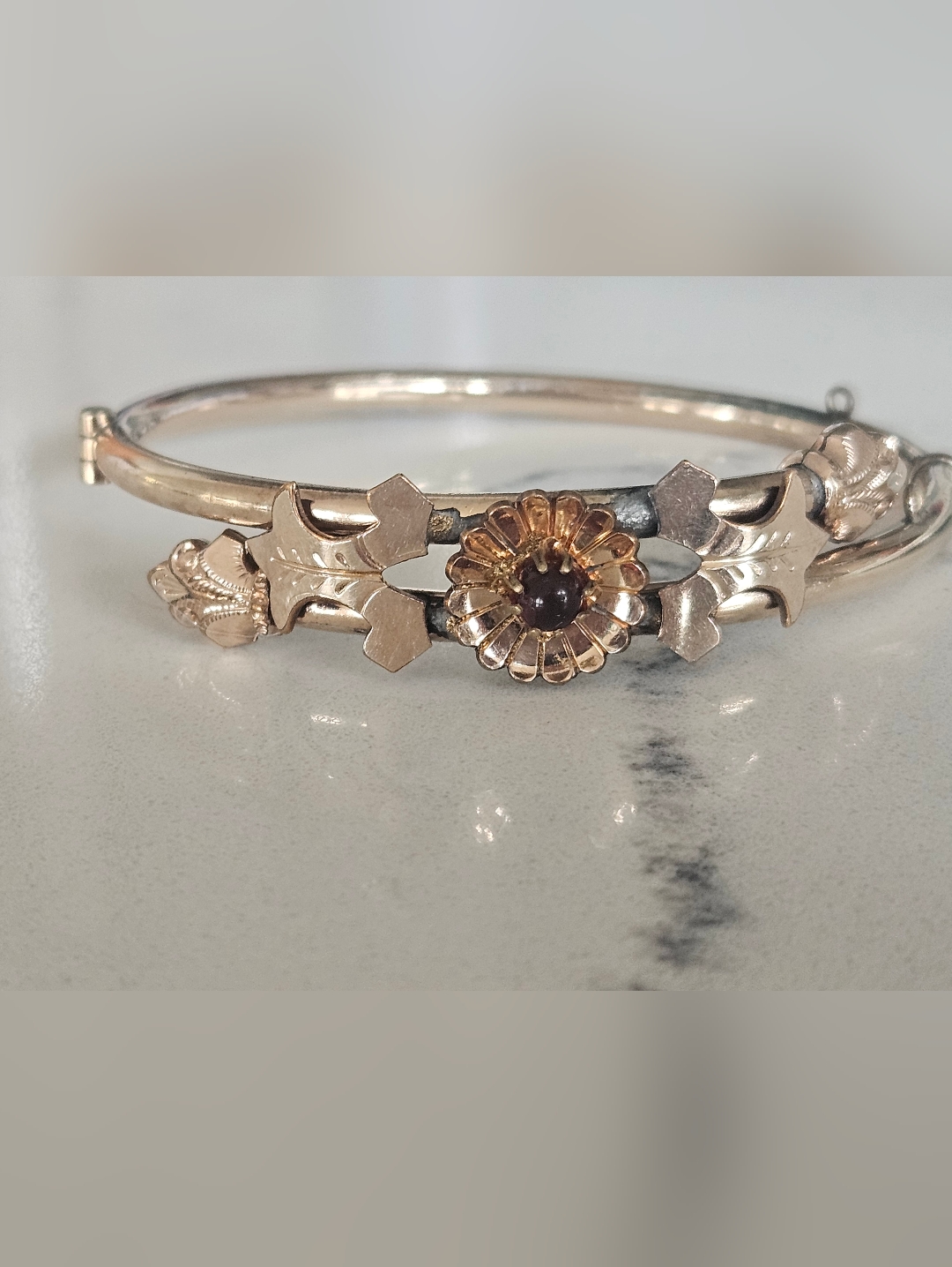 Antique Vintage Victorian Gold Flower Garnet Bypass Bangle Bracelet Hinged